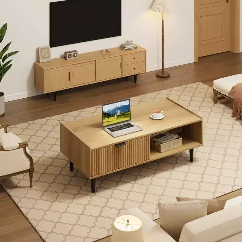 Wave Pattern Coffee Table, Natural Wood Grain Finish Accent Table for Living Room with Sturdy Frame