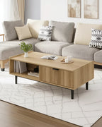 Table basse motif vague, table d'appoint pour salon avec finition grain de bois naturel et cadre robuste