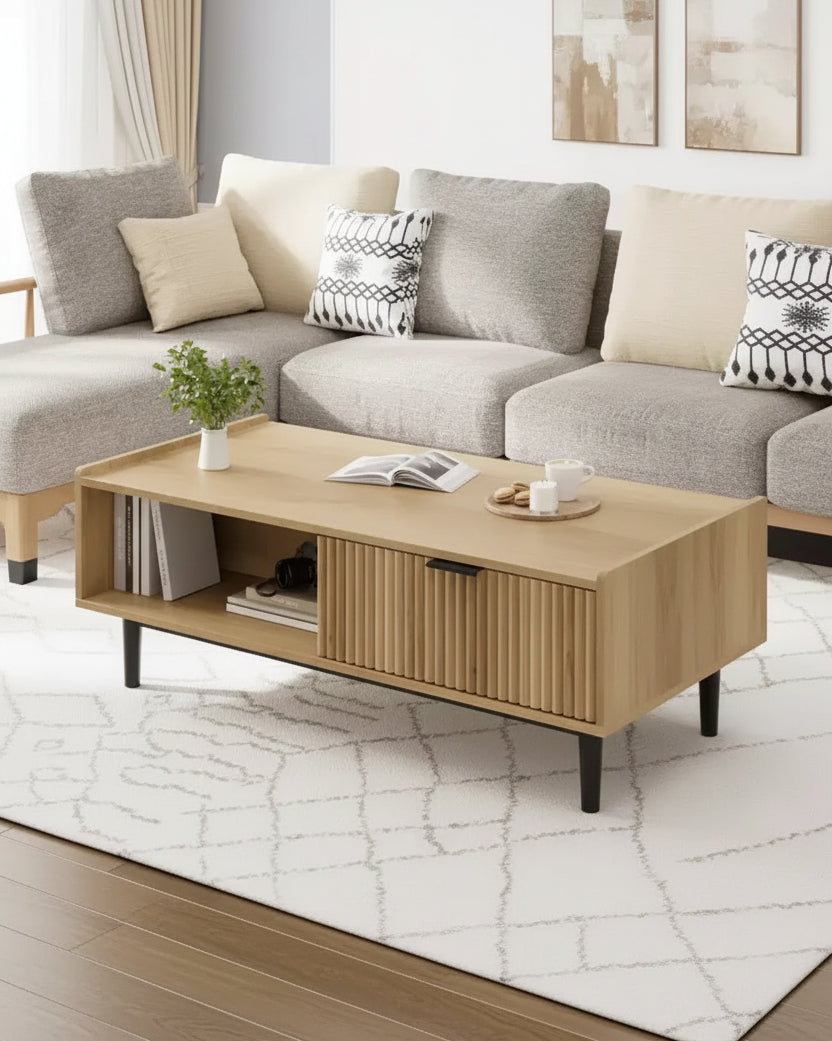 Table basse motif vague, table d'appoint pour salon avec finition grain de bois naturel et cadre robuste