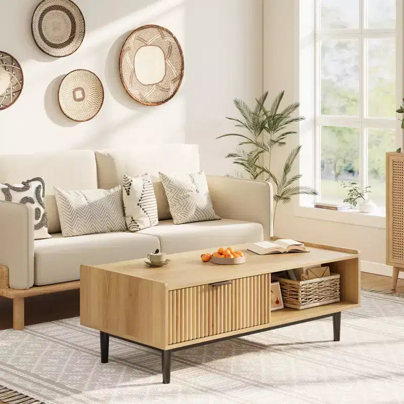 Table basse motif vague, table d'appoint pour salon avec finition grain de bois naturel et cadre robuste