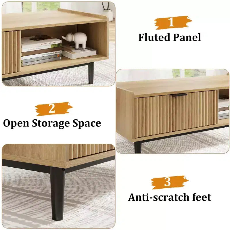 Table basse motif vague, table d'appoint pour salon avec finition grain de bois naturel et cadre robuste