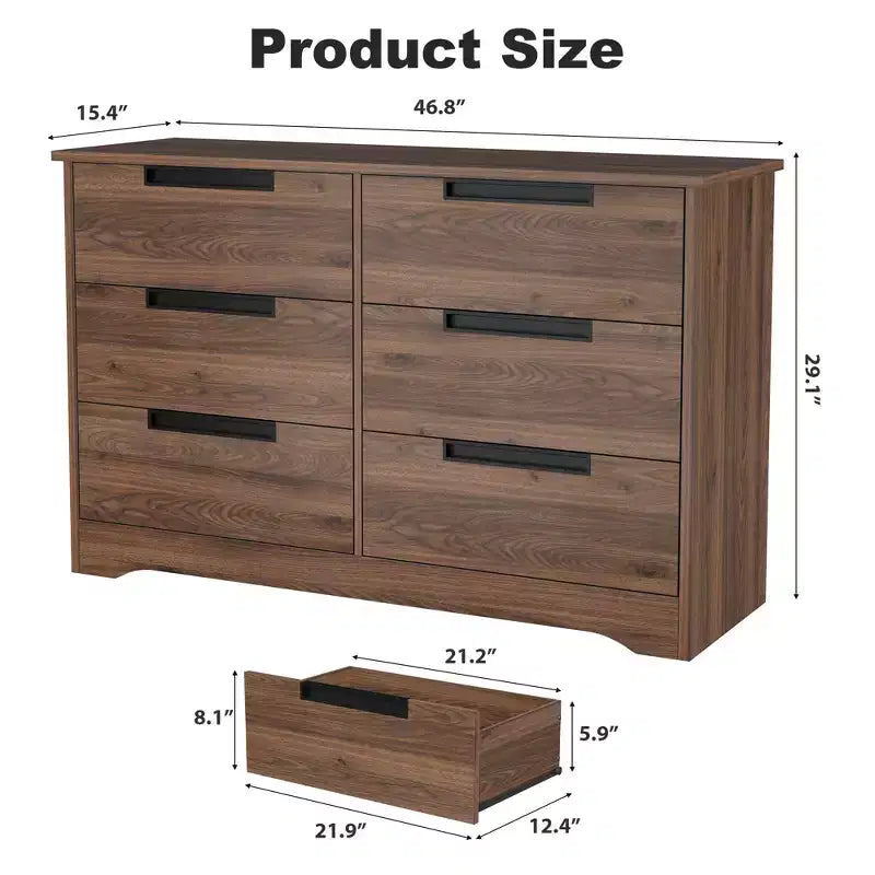 Commode 6 tiroirs pour chambre à coucher, 6 tiroirs en noyer avec poignées intégrées, commode de rangement en bois pour salon, entrée, chambre d'enfant
