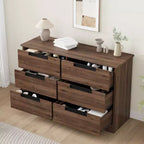Commode 6 tiroirs pour chambre à coucher, 6 tiroirs en noyer avec poignées intégrées, commode de rangement en bois pour salon, entrée, chambre d'enfant