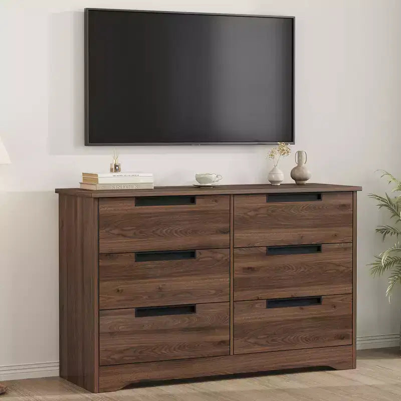 Commode 6 tiroirs pour chambre à coucher, 6 tiroirs en noyer avec poignées intégrées, commode de rangement en bois pour salon, entrée, chambre d'enfant