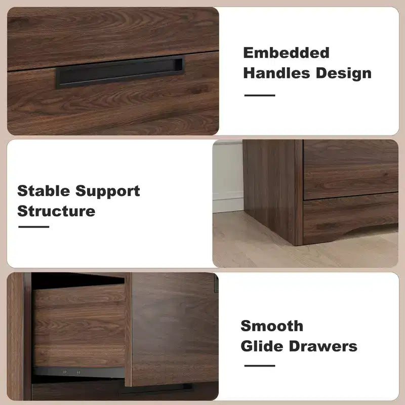 Commode 6 tiroirs pour chambre à coucher, 6 tiroirs en noyer avec poignées intégrées, commode de rangement en bois pour salon, entrée, chambre d'enfant