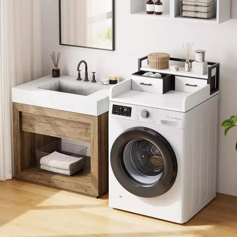 Comptoir de lave-linge séchant à 2 niveaux, simple avec étagère et tiroir, sur-plan de buanderie avec rebord et patin antidérapant pour le rangement de la panière à linge