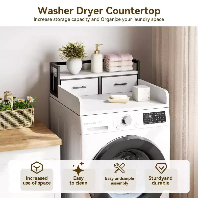 Comptoir de lave-linge séchant à 2 niveaux, simple avec étagère et tiroir, sur-plan de buanderie avec rebord et patin antidérapant pour le rangement de la panière à linge