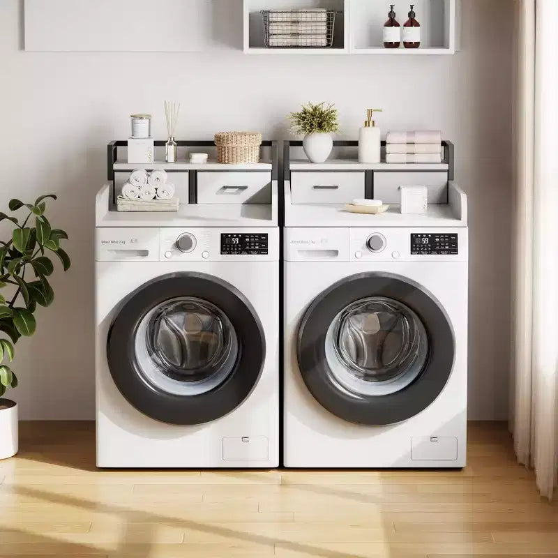 Comptoir de lave-linge séchant à 2 niveaux, simple avec étagère et tiroir, sur-plan de buanderie avec rebord et patin antidérapant pour le rangement de la panière à linge