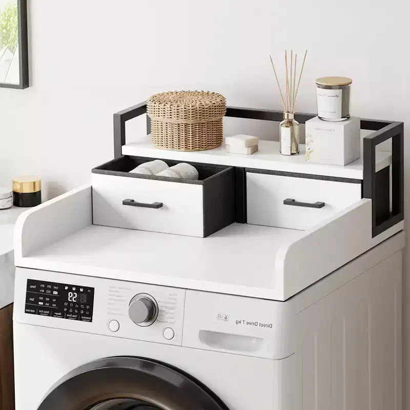 Comptoir de lave-linge séchant à 2 niveaux, simple avec étagère et tiroir, sur-plan de buanderie avec rebord et patin antidérapant pour le rangement de la panière à linge