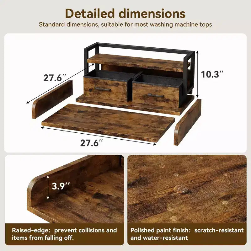 Comptoir de lave-linge séchant à 2 niveaux, simple avec étagère et tiroir, sur-plan de buanderie avec rebord et patin antidérapant pour le rangement de la panière à linge