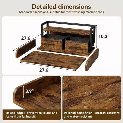 Comptoir de lave-linge séchant à 2 niveaux, simple avec étagère et tiroir, sur-plan de buanderie avec rebord et patin antidérapant pour le rangement de la panière à linge