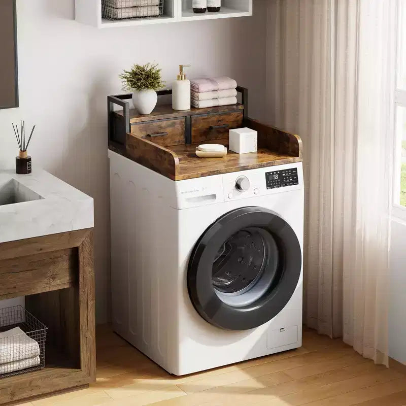 Comptoir de lave-linge séchant à 2 niveaux, simple avec étagère et tiroir, sur-plan de buanderie avec rebord et patin antidérapant pour le rangement de la panière à linge