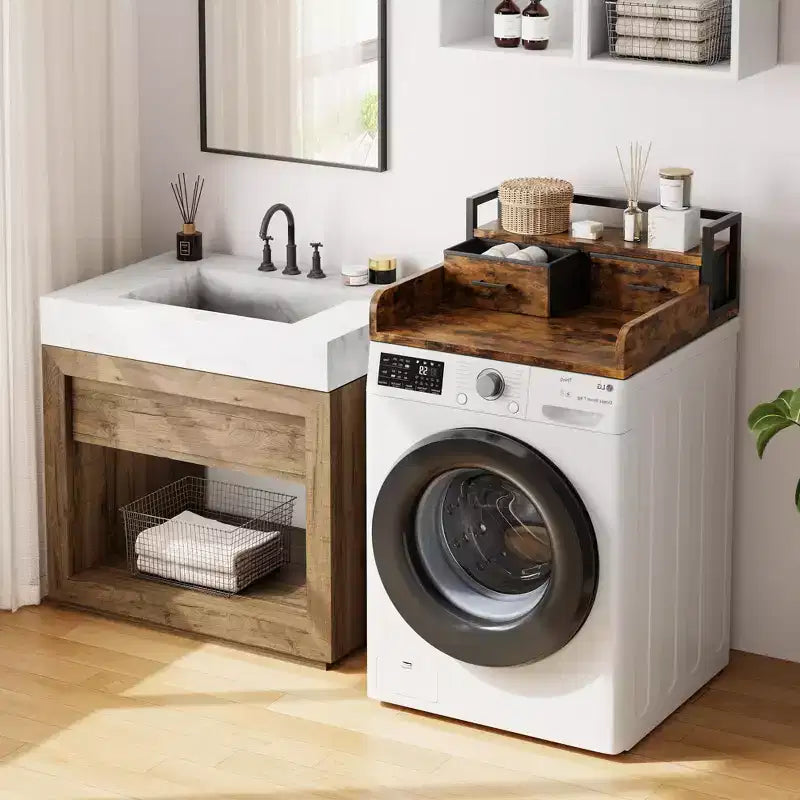 Comptoir de lave-linge séchant à 2 niveaux, simple avec étagère et tiroir, sur-plan de buanderie avec rebord et patin antidérapant pour le rangement de la panière à linge