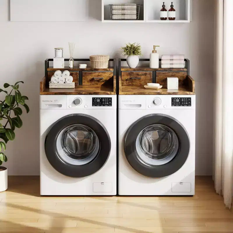 Comptoir de lave-linge séchant à 2 niveaux, simple avec étagère et tiroir, sur-plan de buanderie avec rebord et patin antidérapant pour le rangement de la panière à linge