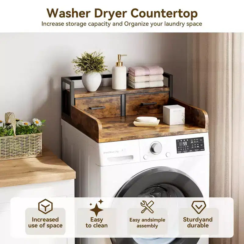 Comptoir de lave-linge séchant à 2 niveaux, simple avec étagère et tiroir, sur-plan de buanderie avec rebord et patin antidérapant pour le rangement de la panière à linge