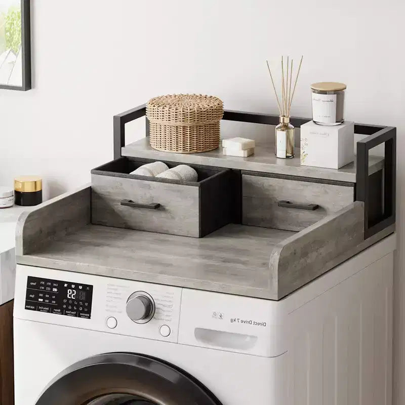 Comptoir de lave-linge séchant à 2 niveaux, simple avec étagère et tiroir, sur-plan de buanderie avec rebord et patin antidérapant pour le rangement de la panière à linge