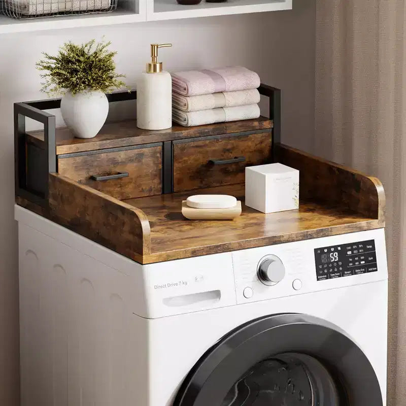 2-Tier Washer Dryer Countertop Single with Shelf and Drawer, Laundry Topper with Edge and Non-Slip Pad for Laundry Hamper Counter Storage