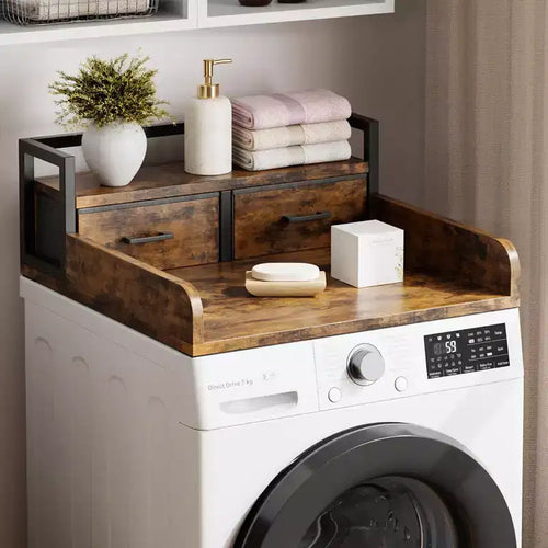 2-Tier Washer Dryer Countertop Single with Shelf and Drawer, Laundry Topper with Edge and Non-Slip Pad for Laundry Hamper Counter Storage