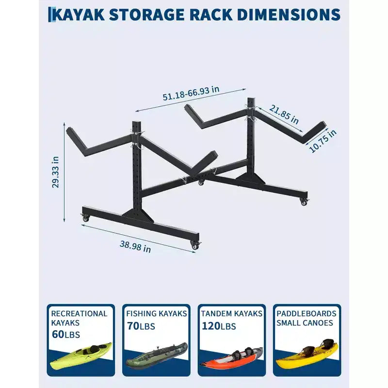 Support de rangement autoportant pour 2 à 6 kayaks avec roues, support robuste en acier pour kayak, canoë et SUP d'extérieur avec sangles de suspension pour garage, quai