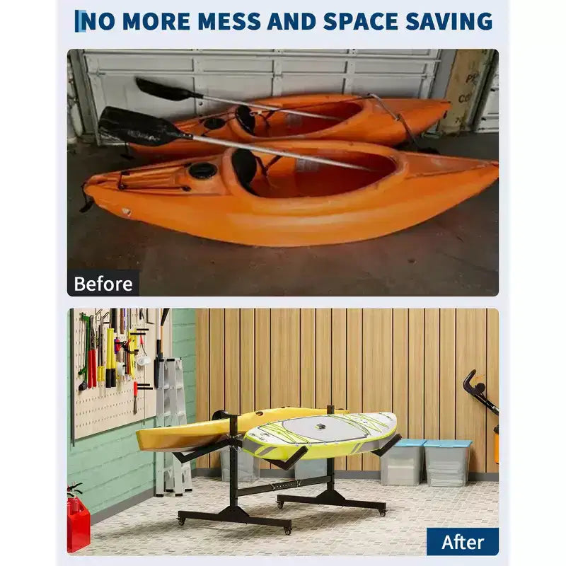 Support de rangement autoportant pour 2 à 6 kayaks avec roues, support robuste en acier pour kayak, canoë et SUP d'extérieur avec sangles de suspension pour garage, quai