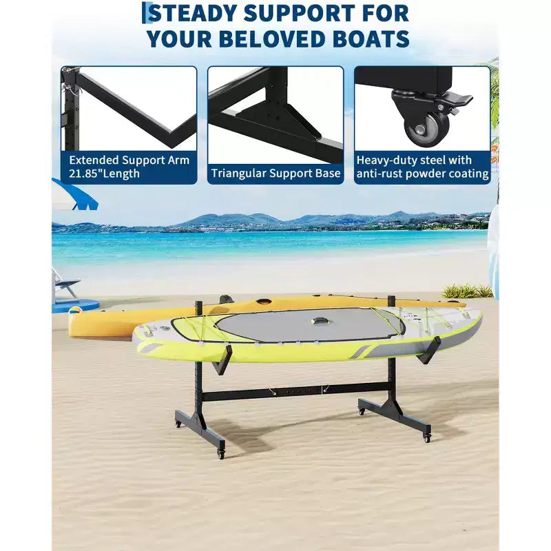 Support de rangement autoportant pour 2 à 6 kayaks avec roues, support robuste en acier pour kayak, canoë et SUP d'extérieur avec sangles de suspension pour garage, quai