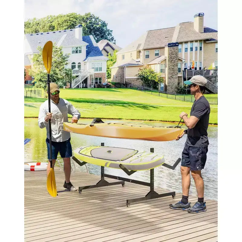 Support de rangement autoportant pour 2 à 6 kayaks avec roues, support robuste en acier pour kayak, canoë et SUP d'extérieur avec sangles de suspension pour garage, quai