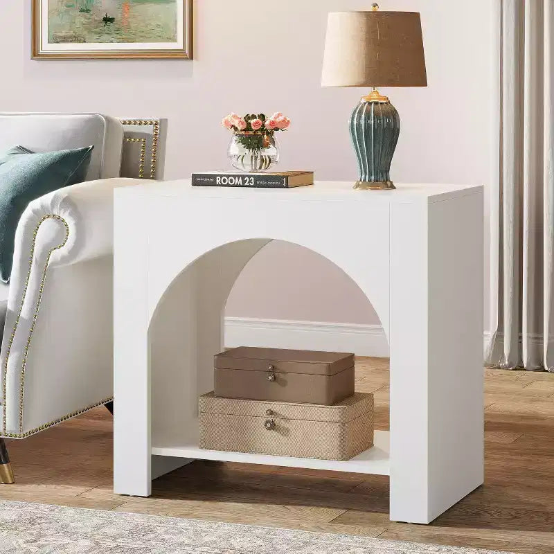Lantine Farmhouse End Side Table: Large, heavy-duty wooden pedestal, storage, for living room/bedroom, accent furniture, white.