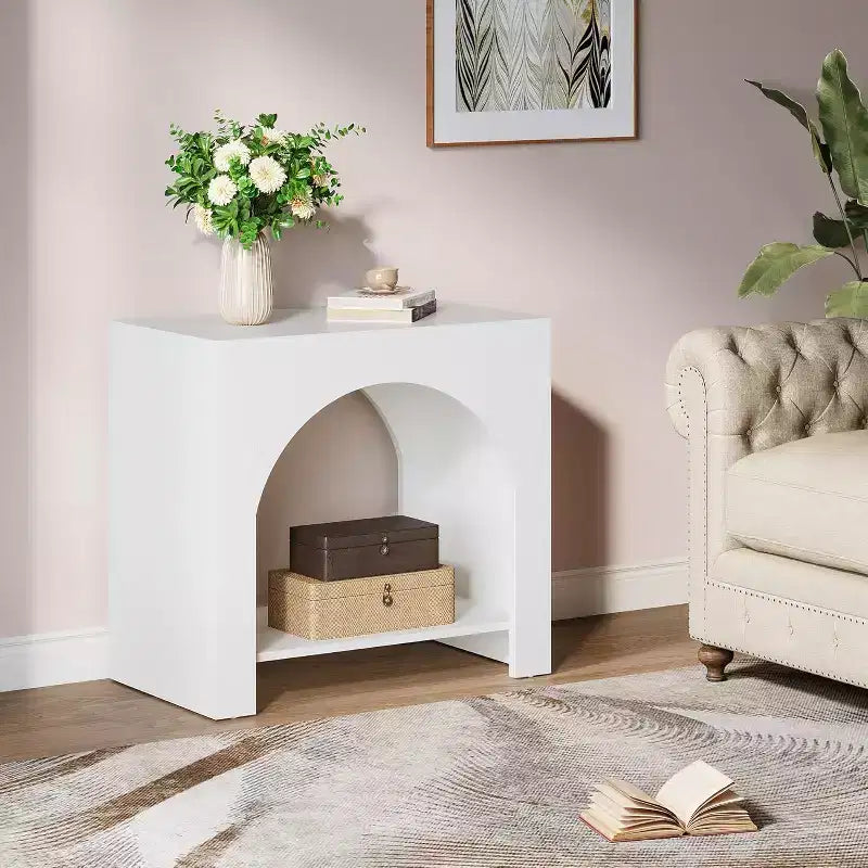 Table d'appoint de style rustique : Grand piédestal en bois robuste, rangement, pour salon/chambre à coucher, meuble d'appoint, blanc.
