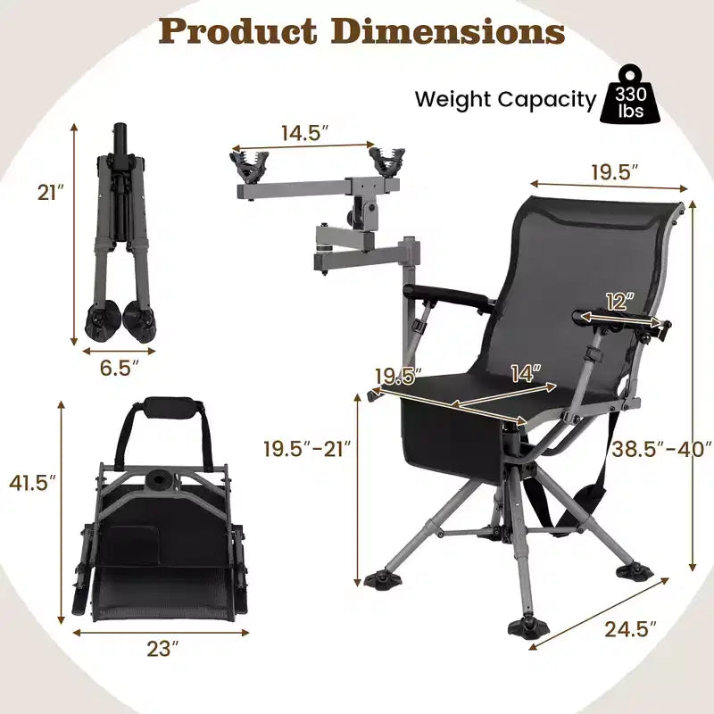 Chaise de chasse portable avec pivot à 360°, pieds réglables et accoudoirs/porte-gobelets