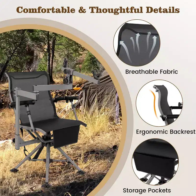 Chaise de chasse portable avec pivot à 360°, pieds réglables et accoudoirs/porte-gobelets