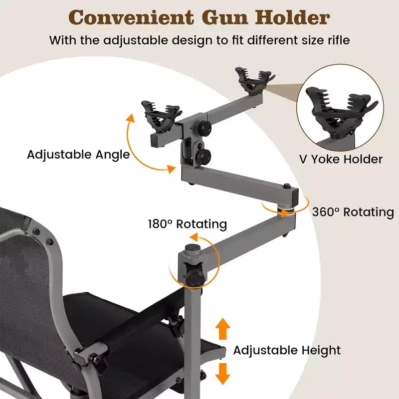 Chaise de chasse portable avec pivot à 360°, pieds réglables et accoudoirs/porte-gobelets