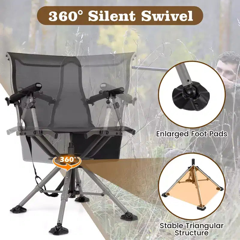Chaise de chasse portable avec pivot à 360°, pieds réglables et accoudoirs/porte-gobelets