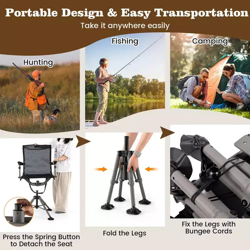 Chaise de chasse portable avec pivot à 360°, pieds réglables et accoudoirs/porte-gobelets