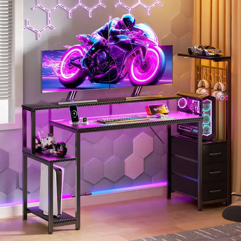 55 Inch Gaming Computer Desk Workstation with Fabric Storage Drawers Monitor Stand and Reversible Setup for Home Office Bedroom Classic Black Finish