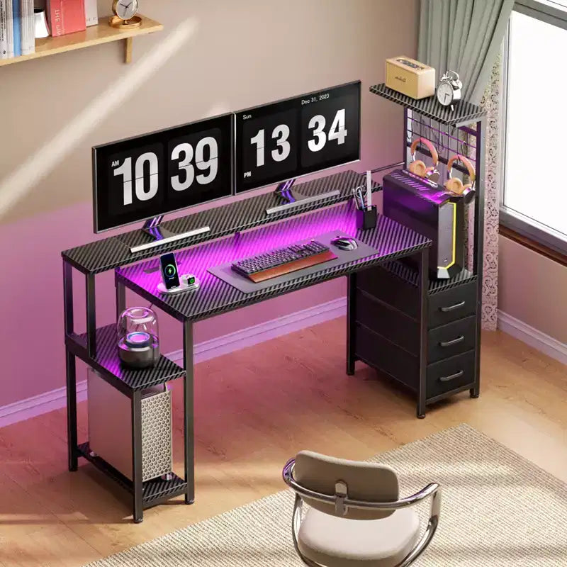 Bureau de jeu de 55 pouces avec tiroirs de rangement en tissu, support d'écran et configuration réversible pour bureau à domicile, chambre à coucher, finition noire classique