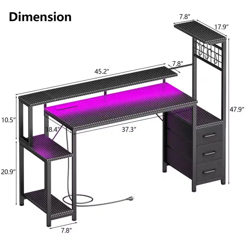 Bureau de jeu de 55 pouces avec tiroirs de rangement en tissu, support d'écran et configuration réversible pour bureau à domicile, chambre à coucher, finition noire classique
