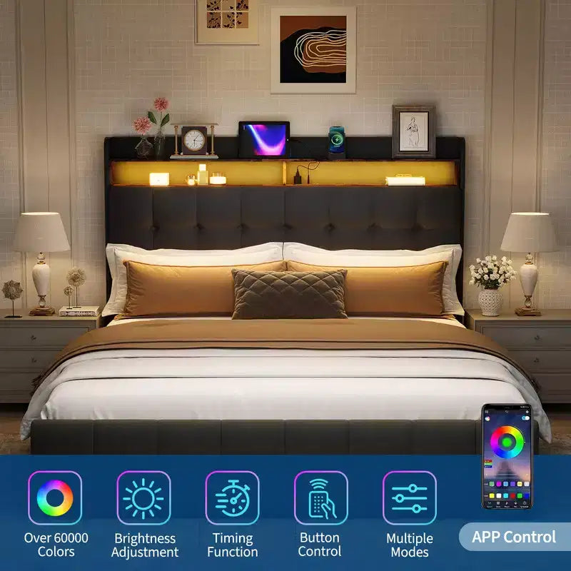 Cadre de lit avec 2 tiroirs de rangement, cadre de lit rembourré avec lumière LED, prise de courant et port USB