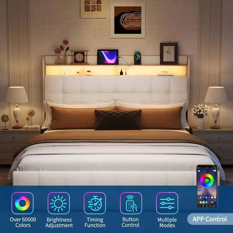 Cadre de lit avec 2 tiroirs de rangement, cadre de lit rembourré avec lumière LED, prise de courant et port USB