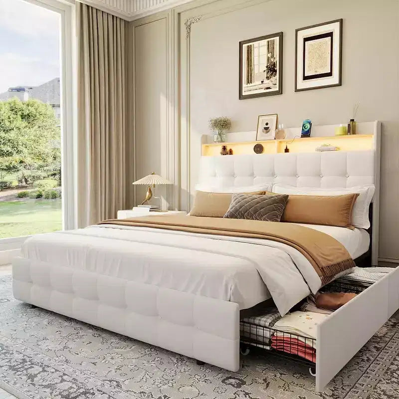 Bed Frame with 2 Storage Drawers, Upholstered Bed Frame with LED Light, Charging Socket and USB Port