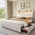 Bed Frame with 2 Storage Drawers, Upholstered Bed Frame with LED Light, Charging Socket and USB Port