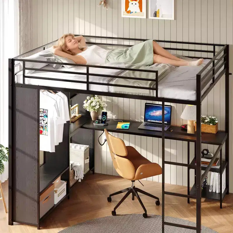 Space-Saving Metal Loft Bed Frame with L-Shaped Desk, Wardrobe, Storage Shelves, Hanging Rod, Guardrail, Sturdy Ladder, for Adults & Teens Bedrooms