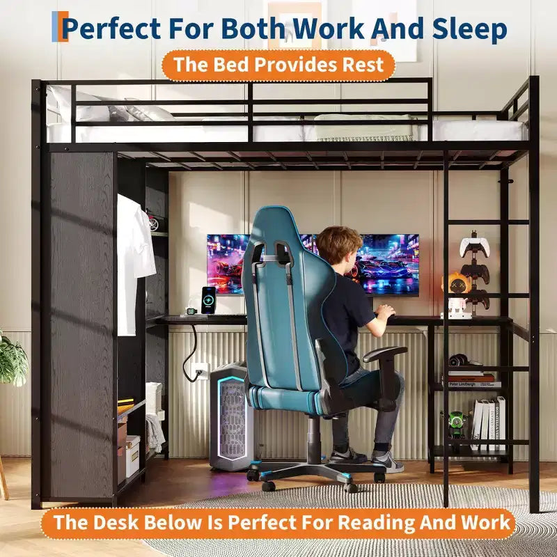 Cadre de lit mezzanine en métal peu encombrant avec bureau en L, armoire, étagères de rangement, tringle à vêtements, garde-corps, échelle robuste, pour chambres d'adultes et d'adolescents