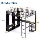 Cadre de lit mezzanine en métal peu encombrant avec bureau en L, armoire, étagères de rangement, tringle à vêtements, garde-corps, échelle robuste, pour chambres d'adultes et d'adolescents