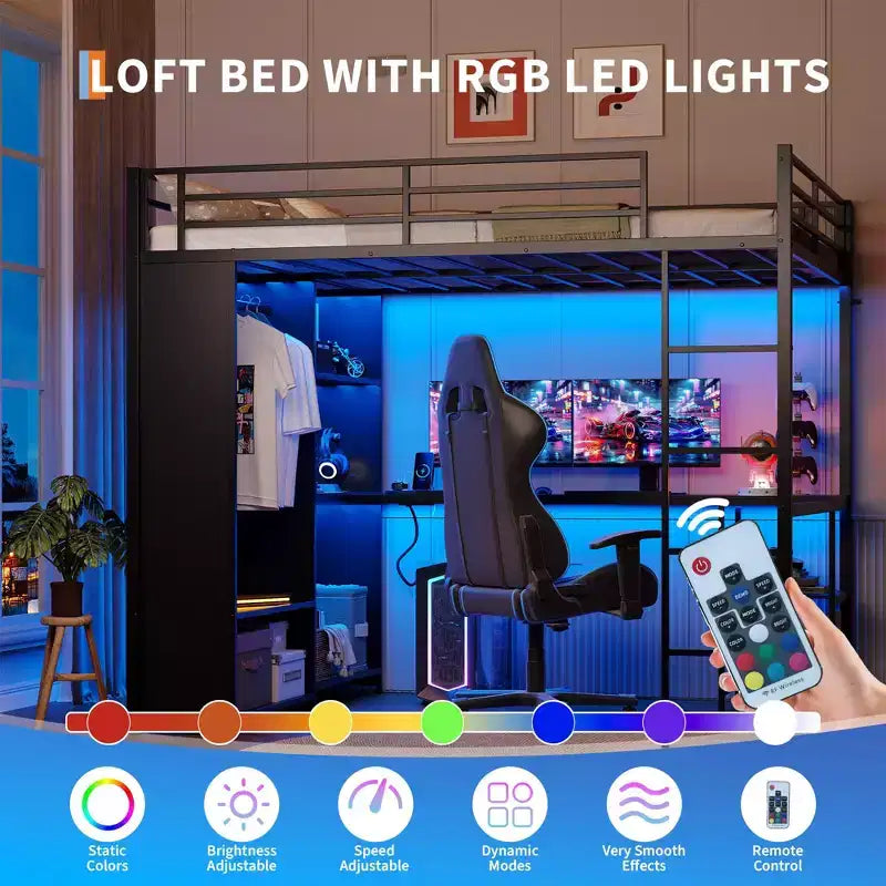 Cadre de lit mezzanine en métal peu encombrant avec bureau en L, armoire, étagères de rangement, tringle à vêtements, garde-corps, échelle robuste, pour chambres d'adultes et d'adolescents