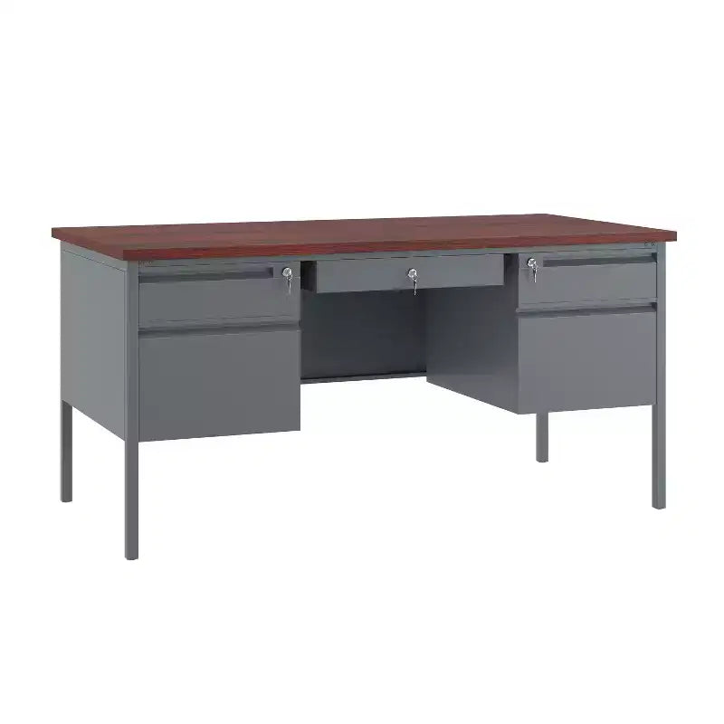 Flash Furniture  Commercial Grade 30x60 Double Pedestal Desk with 5 Locking Drawers, Mahogany Top and Charcoal Gray Frame