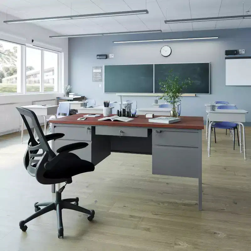 Bureau double piédestal de qualité commerciale 30x60 avec 5 tiroirs verrouillables, plateau en acajou et cadre gris anthracite