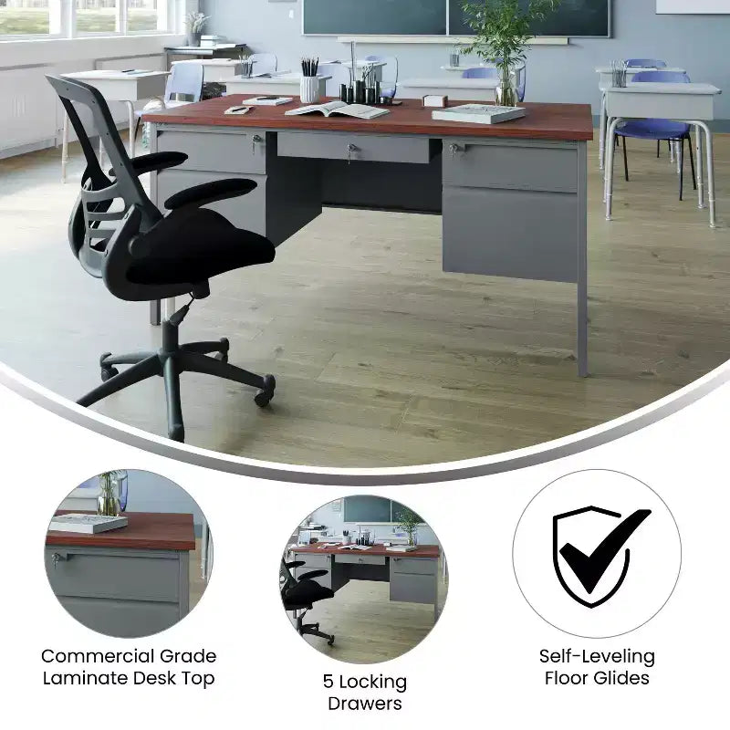 Bureau double piédestal de qualité commerciale 30x60 avec 5 tiroirs verrouillables, plateau en acajou et cadre gris anthracite