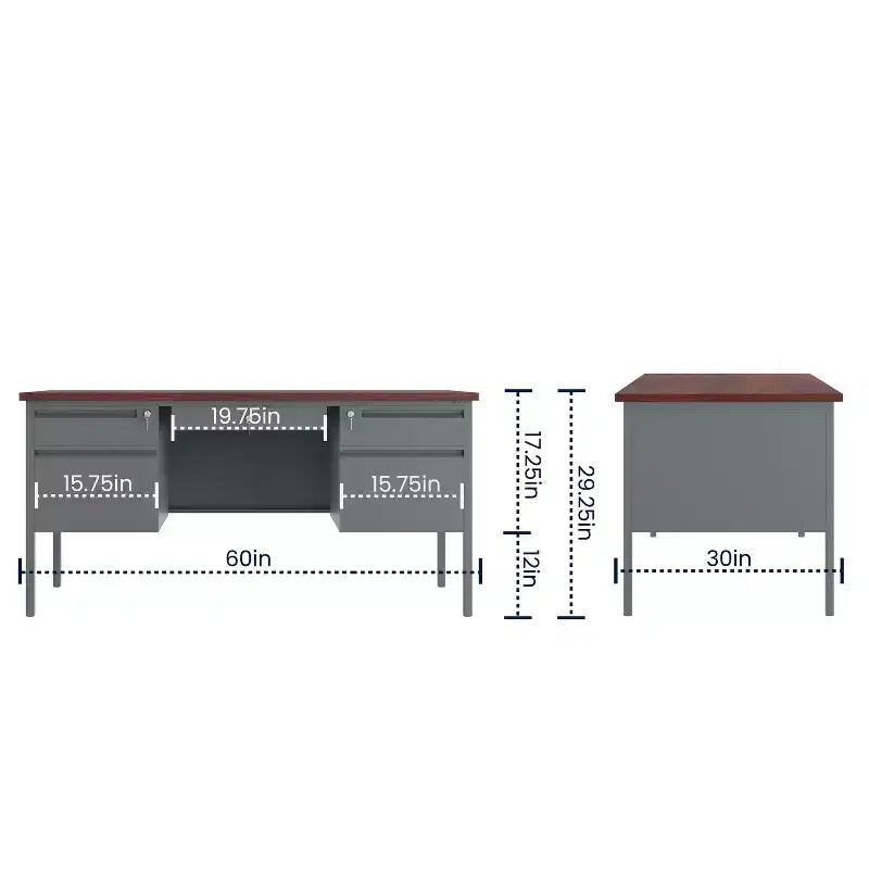 Bureau double piédestal de qualité commerciale 30x60 avec 5 tiroirs verrouillables, plateau en acajou et cadre gris anthracite