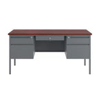 Bureau double piédestal de qualité commerciale 30x60 avec 5 tiroirs verrouillables, plateau en acajou et cadre gris anthracite