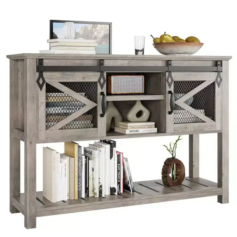 Farmhouse Entryway Console Sofa Table 46 Narrow Accent Table with Sliding Barn Doors & Storage Shelves, Ideal for Foyer or Living Room Decor